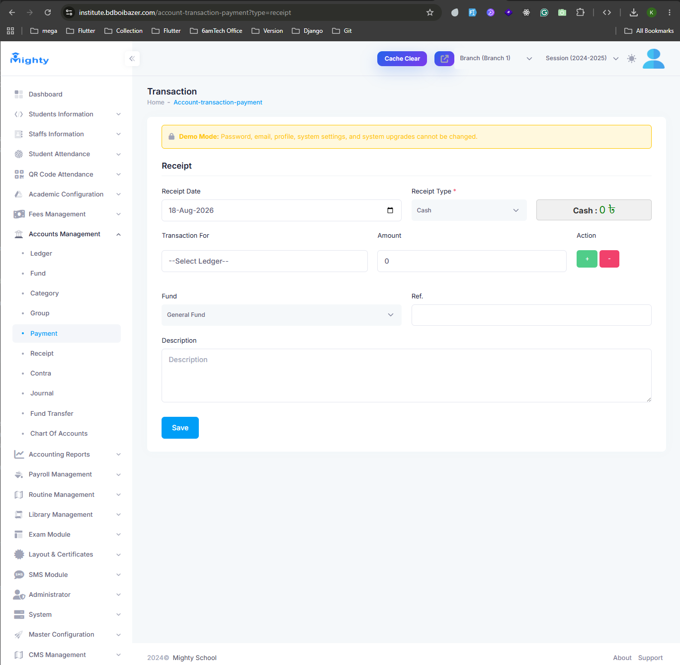 Accounts Management transaction screen for recording a payment or receipt