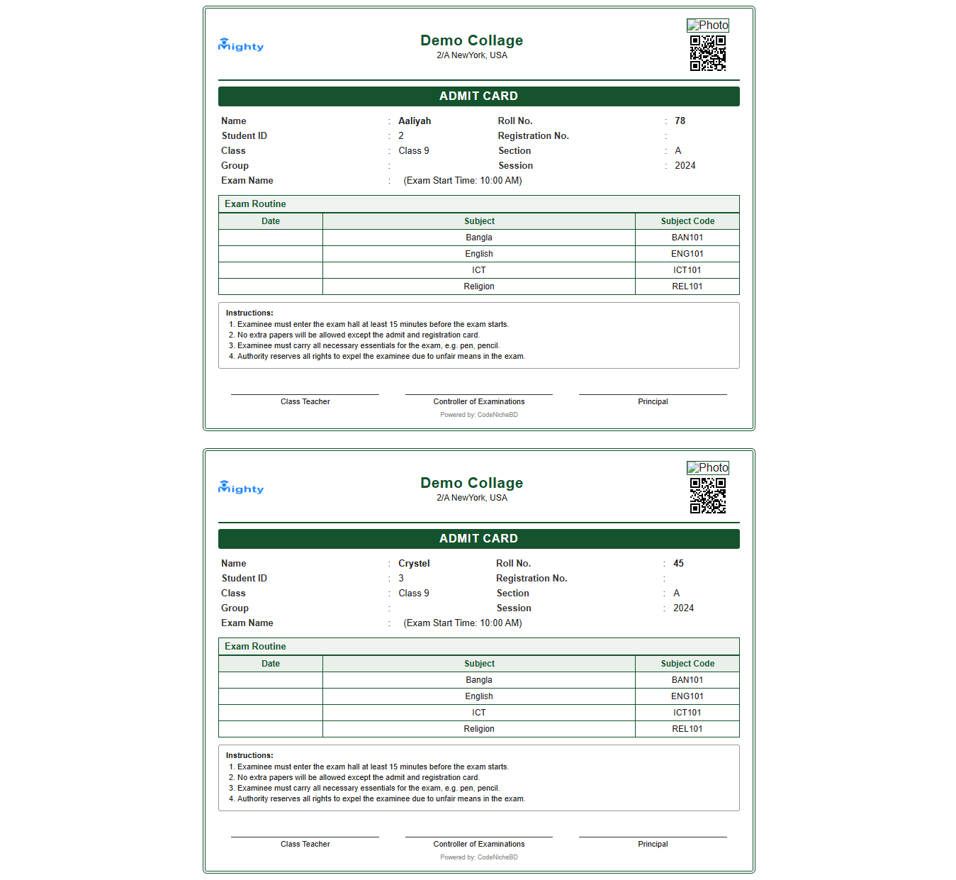 Sample printed student Admit Card with exam routine and instructions