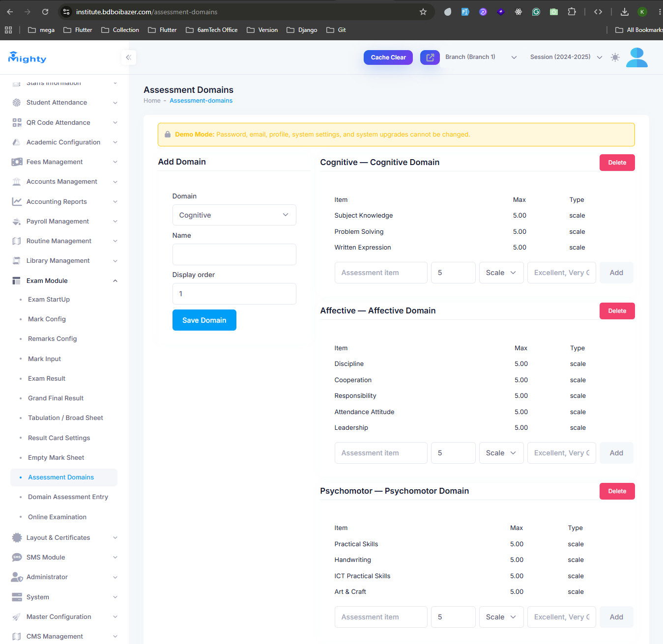 Assessment Domains configuration with Cognitive, Affective, and Psychomotor domains