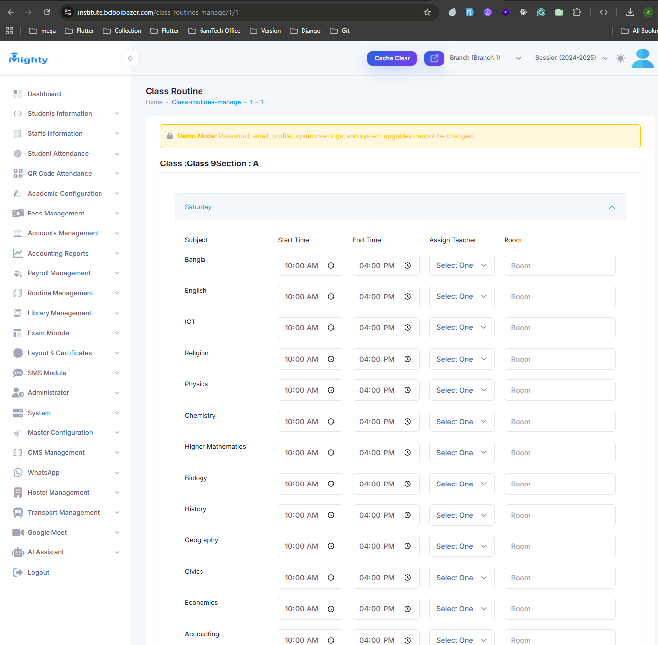 Manage Routine screen for assigning subject times, teachers, and rooms per day
