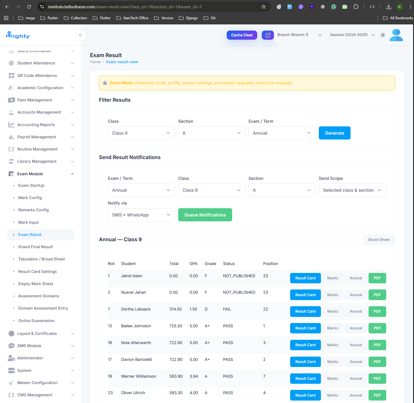 Exam Result screen with generated results and result notification settings