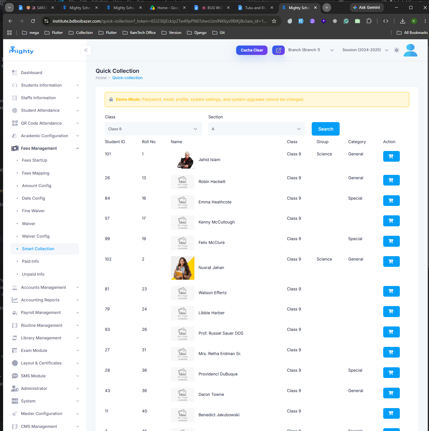 Smart Collection screen listing students by class and section for fee collection