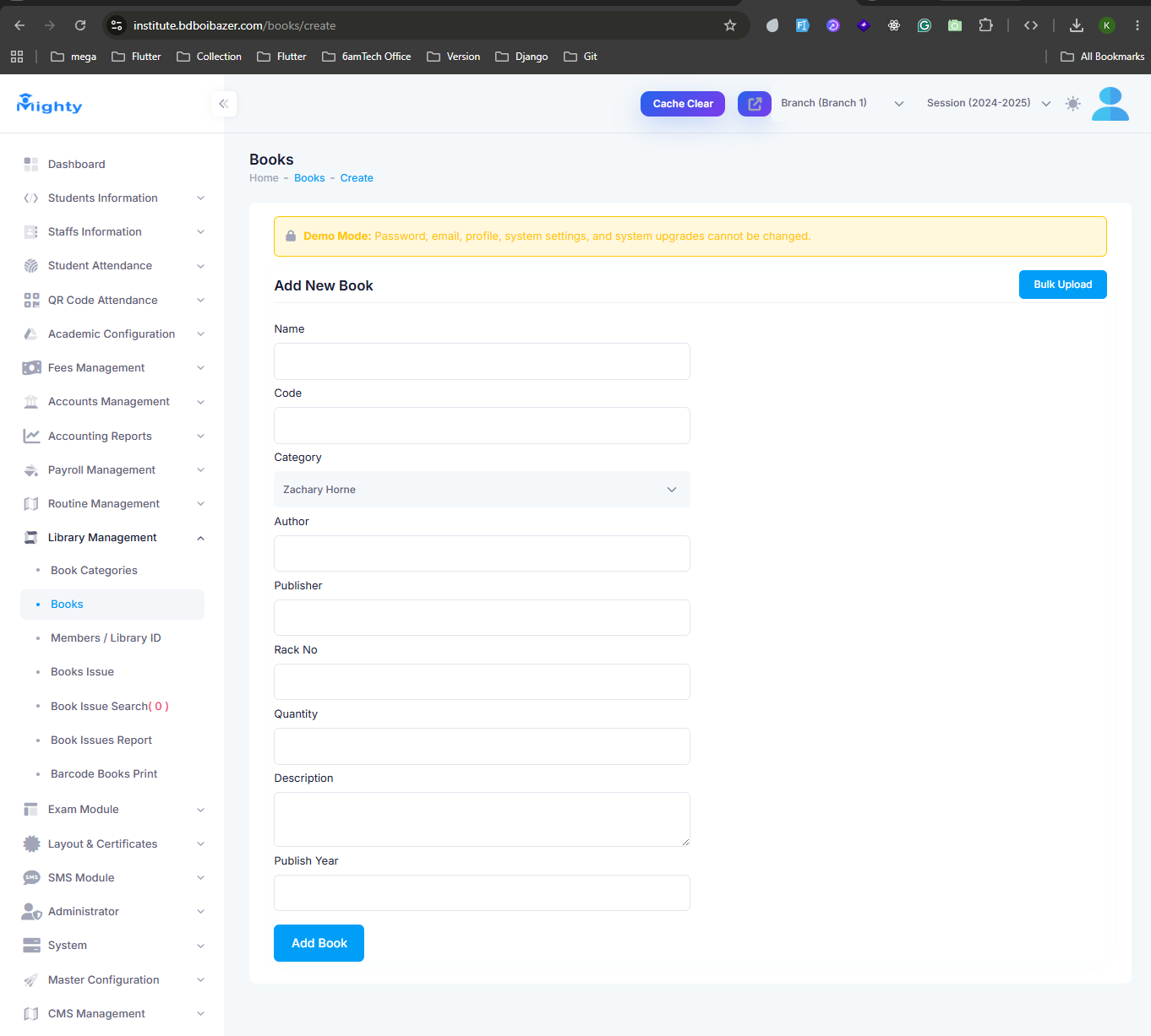 Add New Book form in Library Management