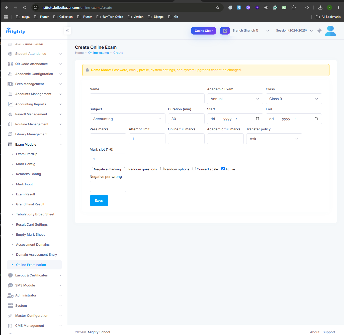 Create Online Exam form with duration, window, and marking settings