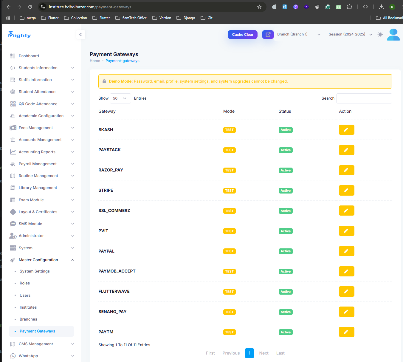 Payment Gateways list under Master Configuration showing supported gateways and status