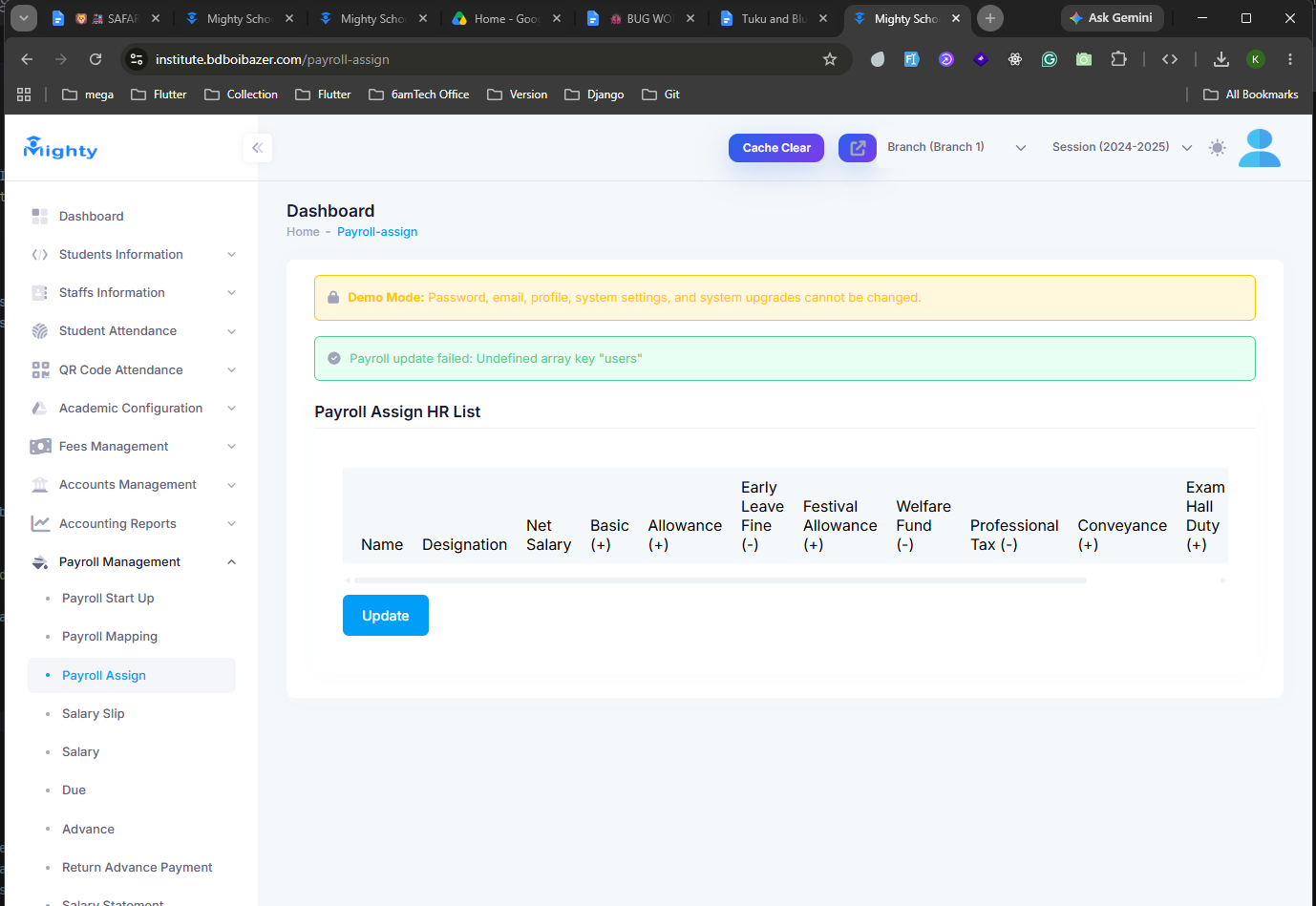 Payroll Assign screen listing salary components per staff member