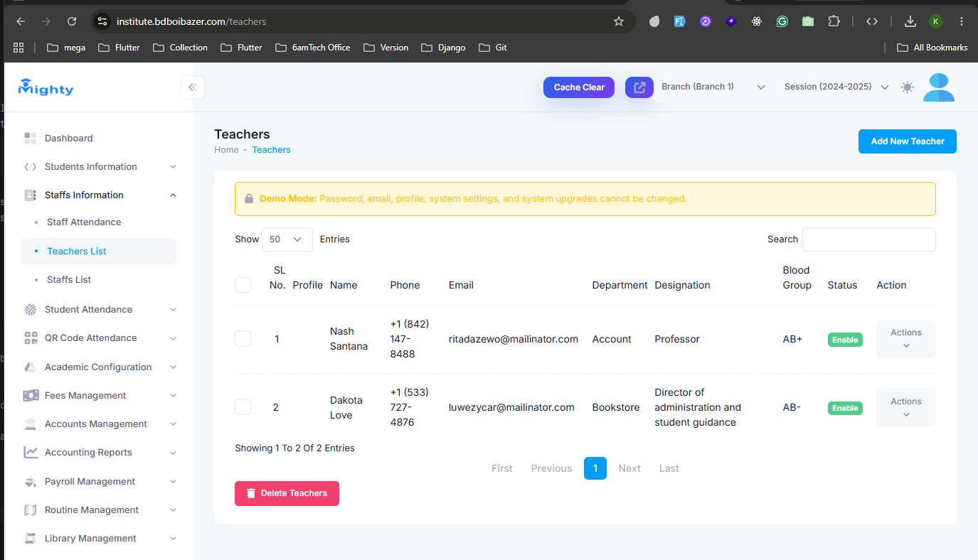 Teachers List screen showing staff profiles, contact info, and status